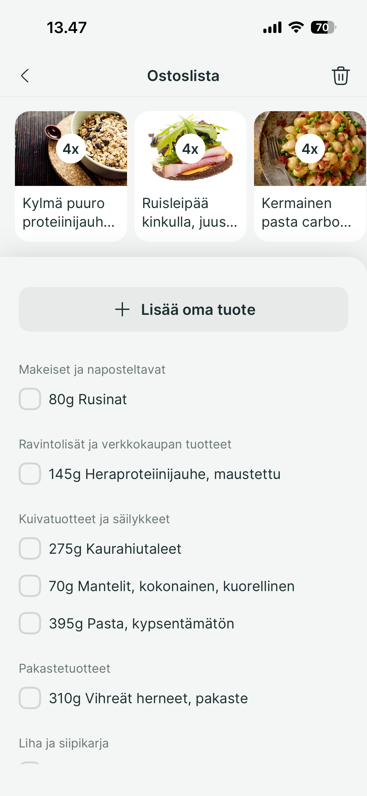 A mobile app screen displaying a grocery list with categorized food items and quantities.