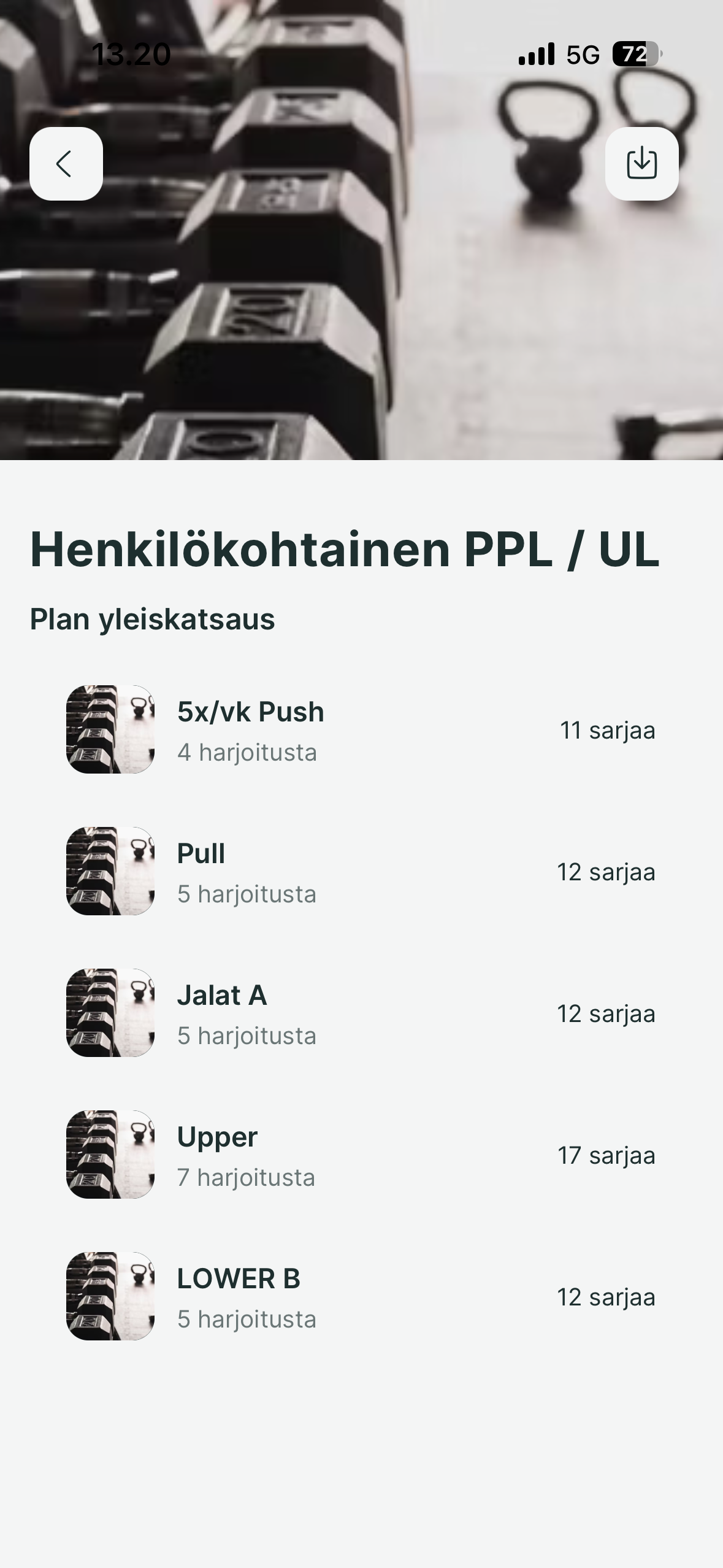 A mobile app interface displaying a personal workout plan with categories for push, pull, legs, and upper-lower body.