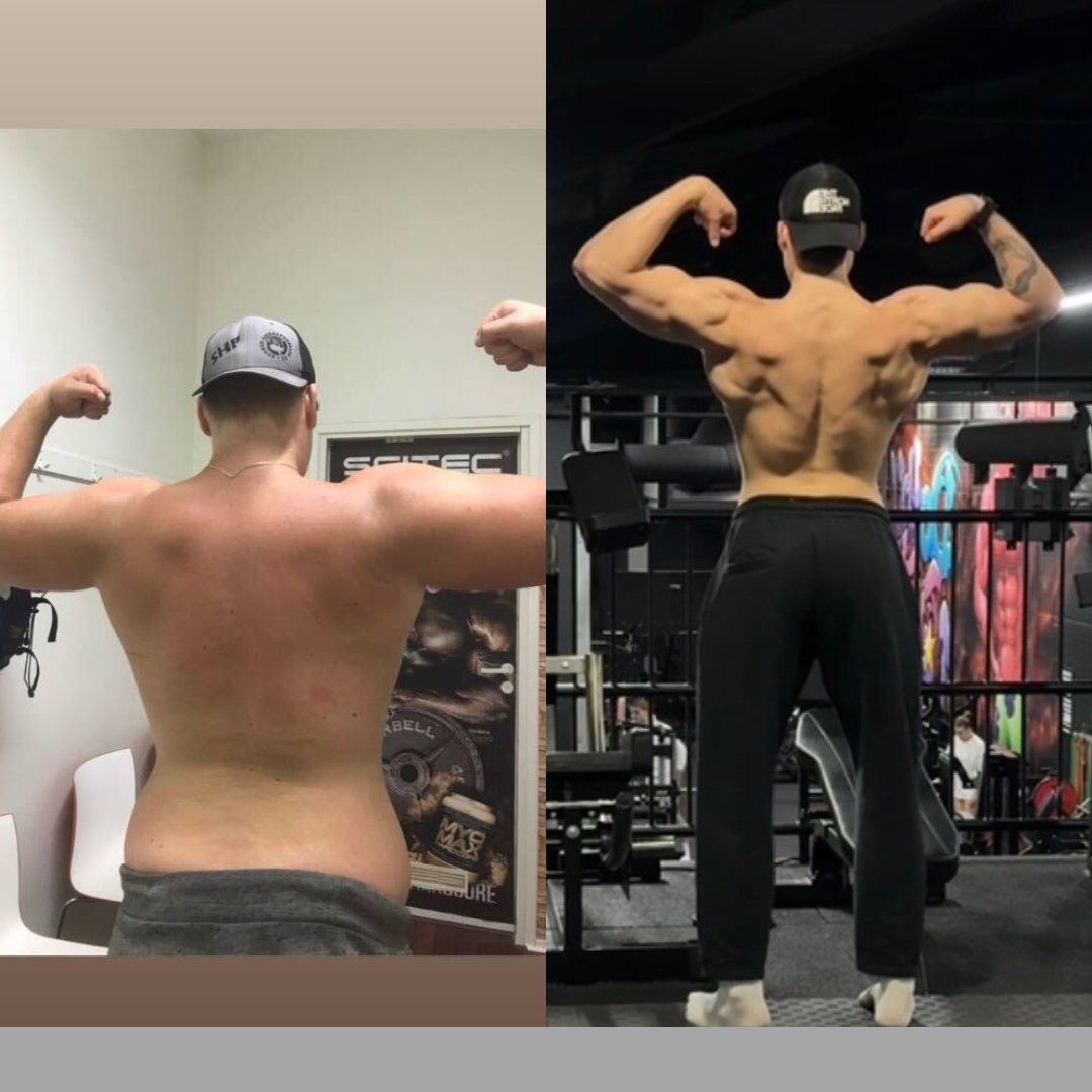 A side-by-side comparison showing a man's back muscle transformation from a heavier build to a lean, muscular physique.