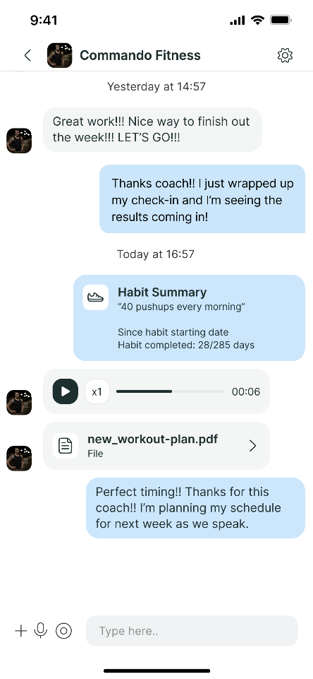 A mobile messaging interface showing a conversation between a coach and a client about workout plans and habit tracking.