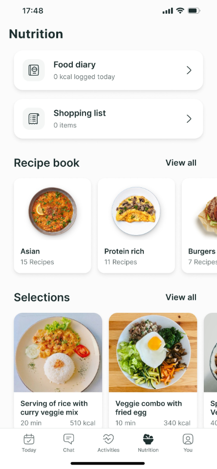 A mobile app nutrition screen displaying food diary, shopping list, recipe categories, and meal selections.