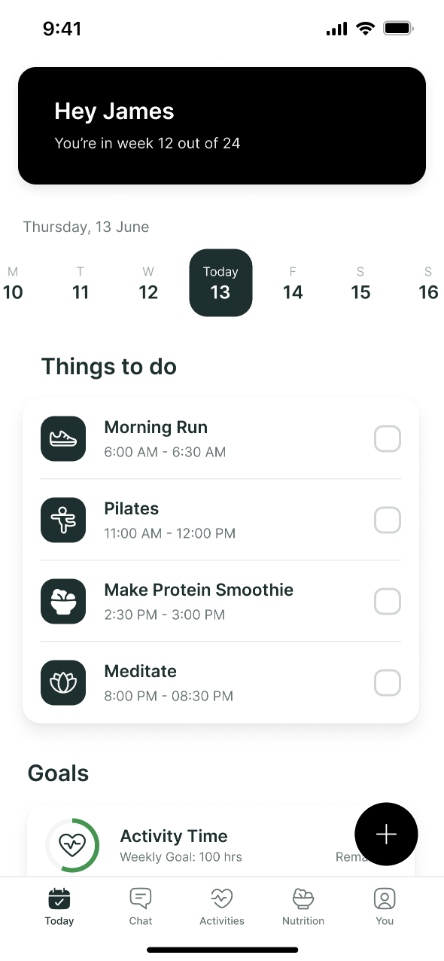 A mobile app interface showing a daily fitness schedule with tasks like running, pilates, and meditation.