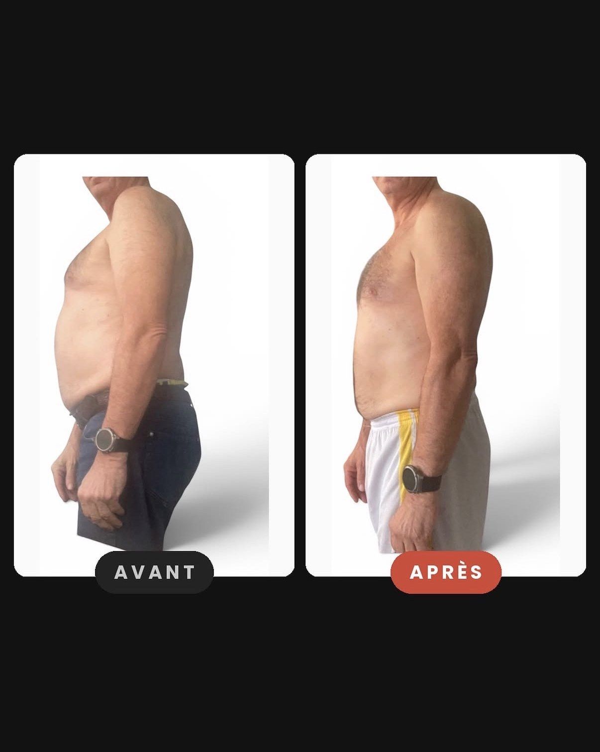 Side-by-side comparison of a man's physique showing progress before and after a fitness program.