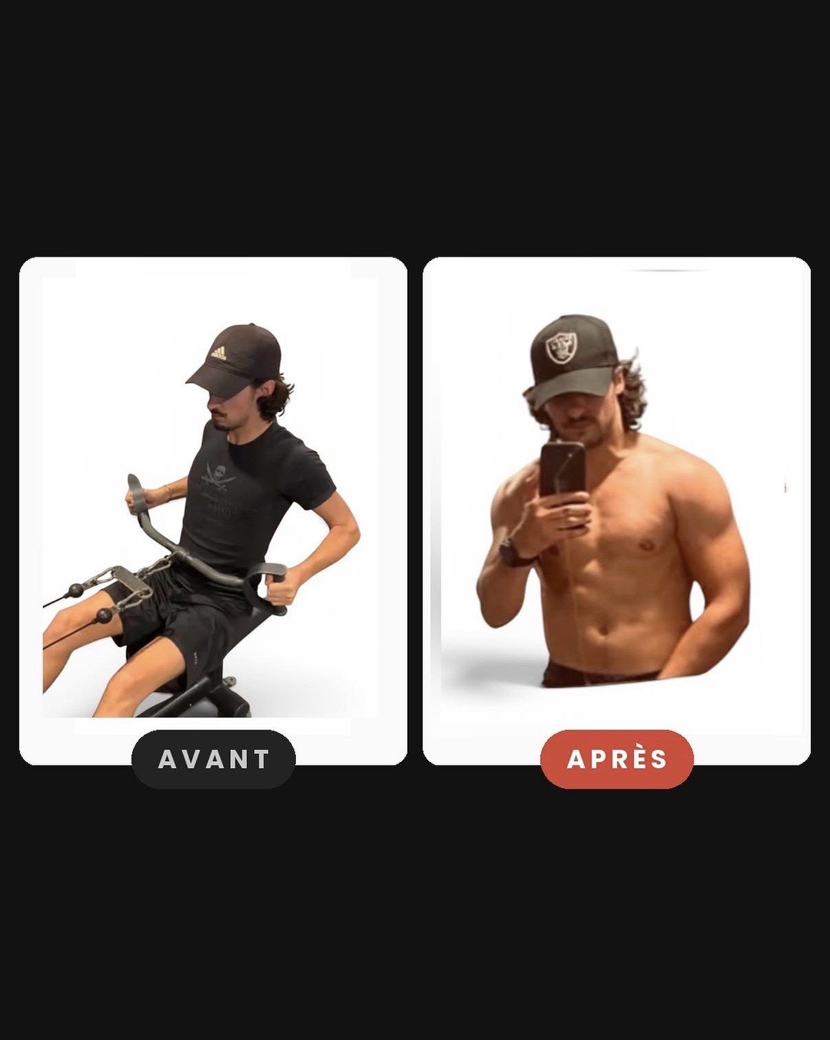 A side-by-side comparison showing a man exercising on a rowing machine before and his muscular physique after training.