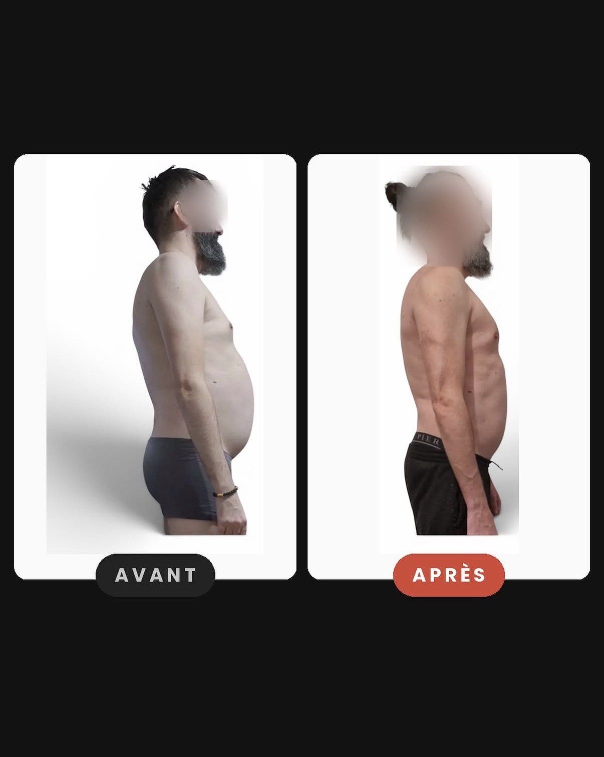 Side-by-side comparison of a man showing his body transformation before and after a fitness program.