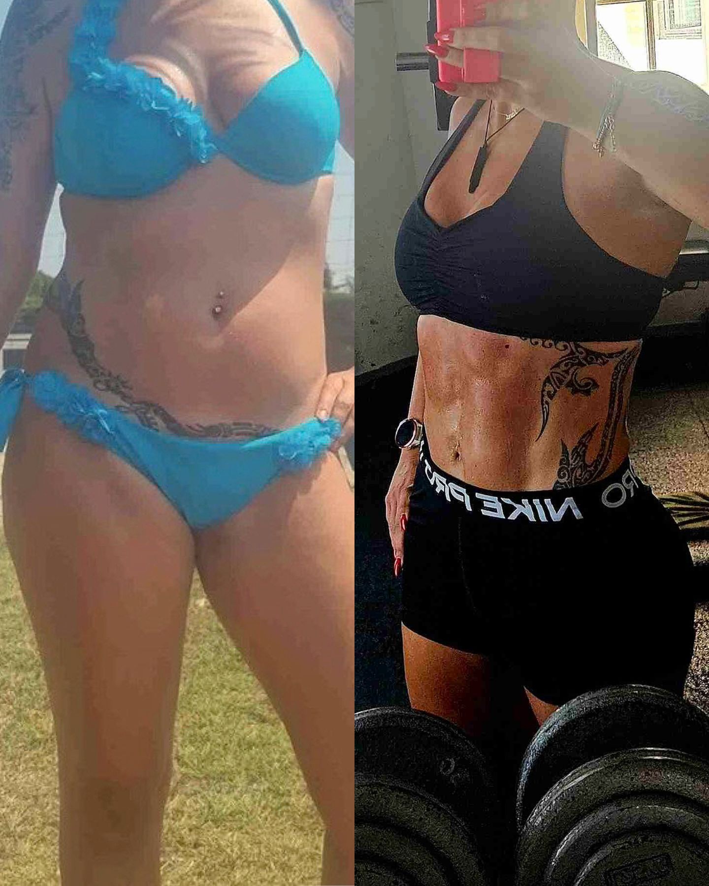A side-by-side comparison showing a woman's fitness transformation with a leaner, more muscular physique.