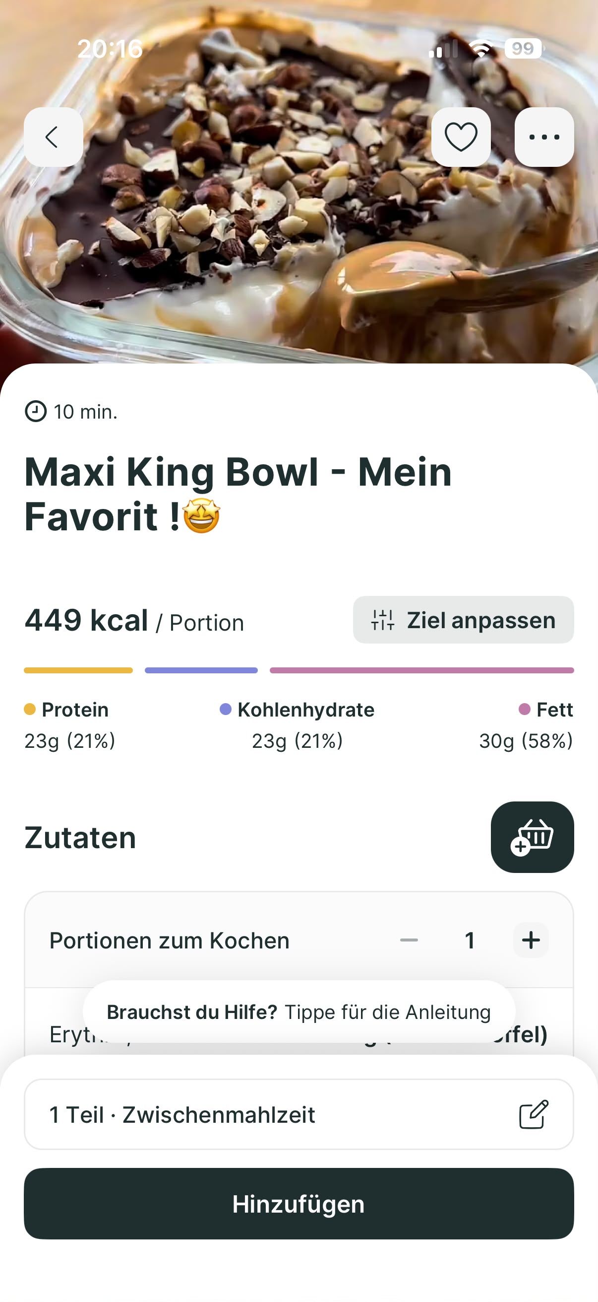 A digital recipe card for a Maxi King bowl showing nutritional information and ingredients.