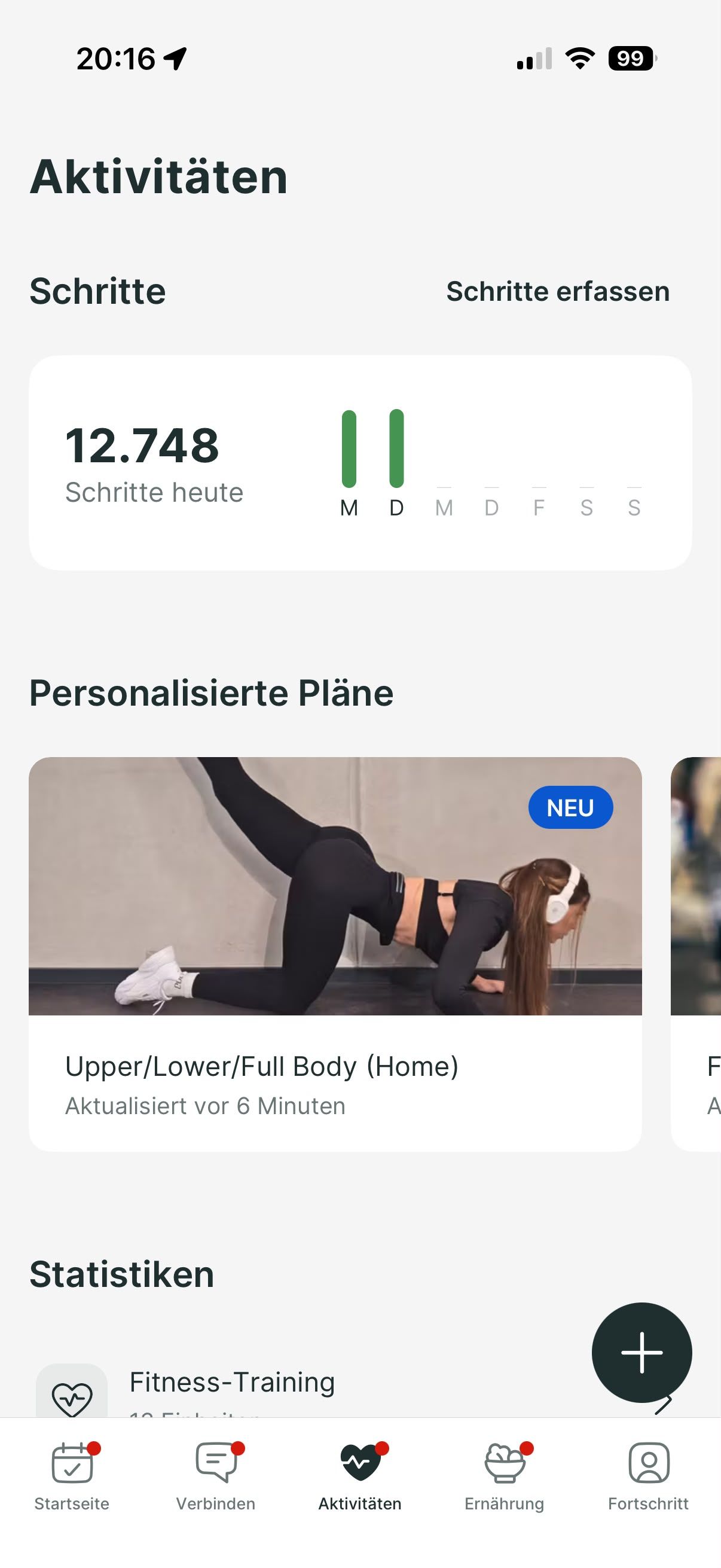 A mobile app interface showing daily step count and a personalized workout plan featuring a woman doing leg lifts.
