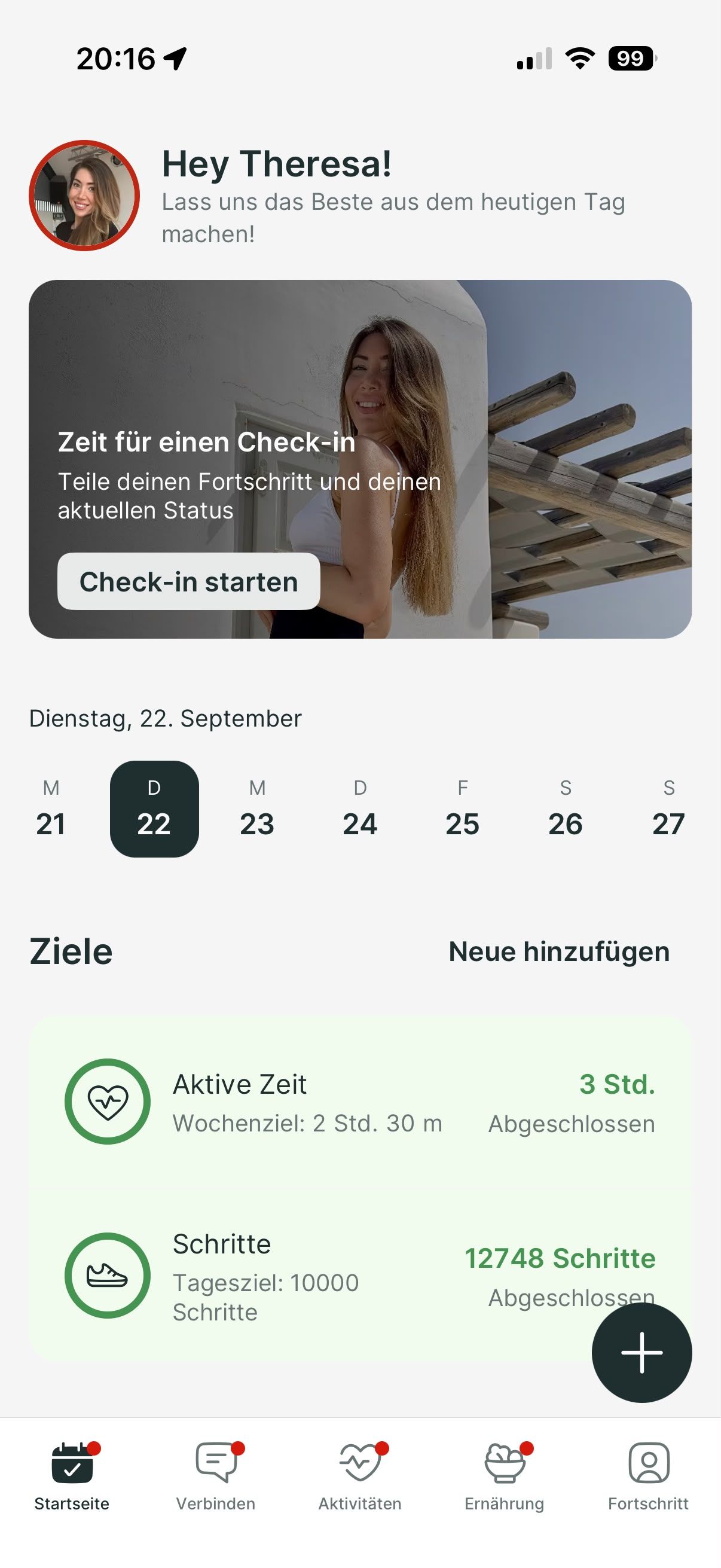 A mobile fitness app dashboard showing daily goals for active time and steps, with a prompt to start a check-in.