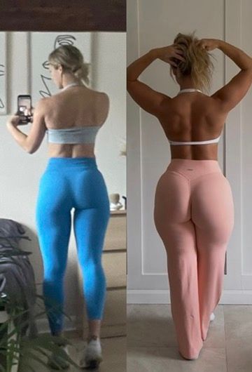 A side-by-side comparison showing a woman's physical progress from the back while wearing athletic clothing.