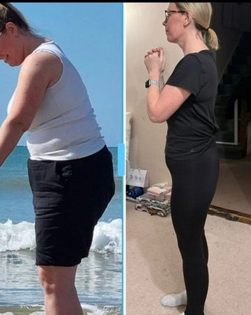 A side-by-side comparison showing a woman's weight loss progress from standing at the beach to standing indoors.