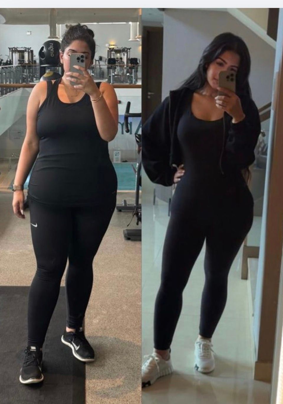 A side-by-side comparison showing a woman's fitness transformation in gym attire.
