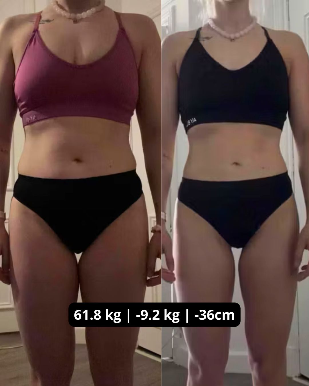 A side-by-side comparison showing a person's body transformation with text indicating a weight loss of 9.2 kilograms.