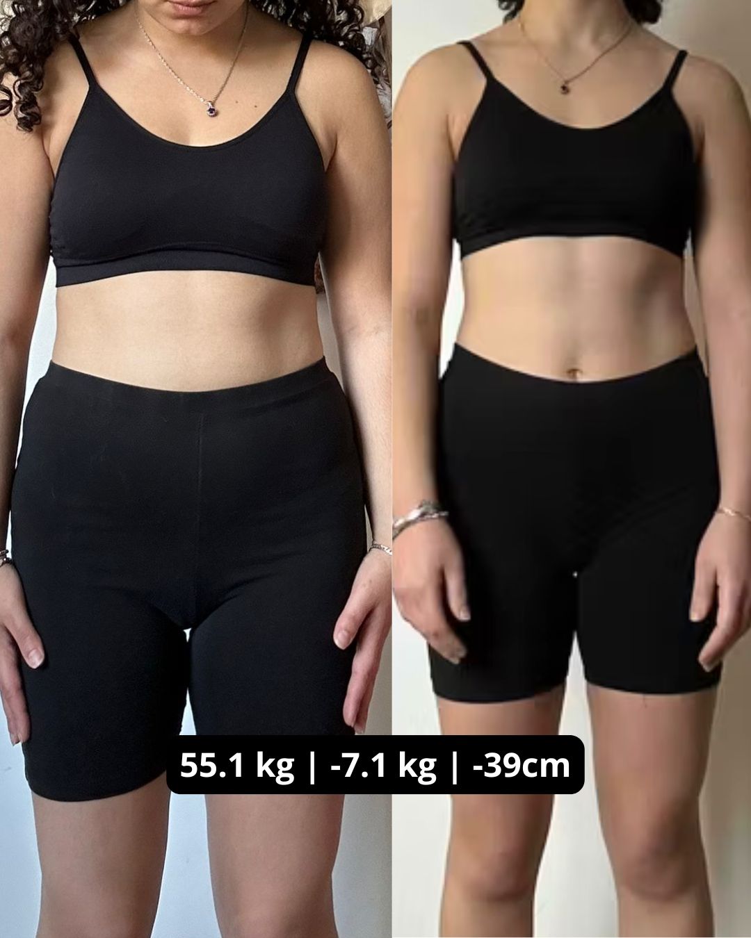 A side-by-side comparison showing a person's body transformation with text indicating a weight loss of 7.1 kilograms.