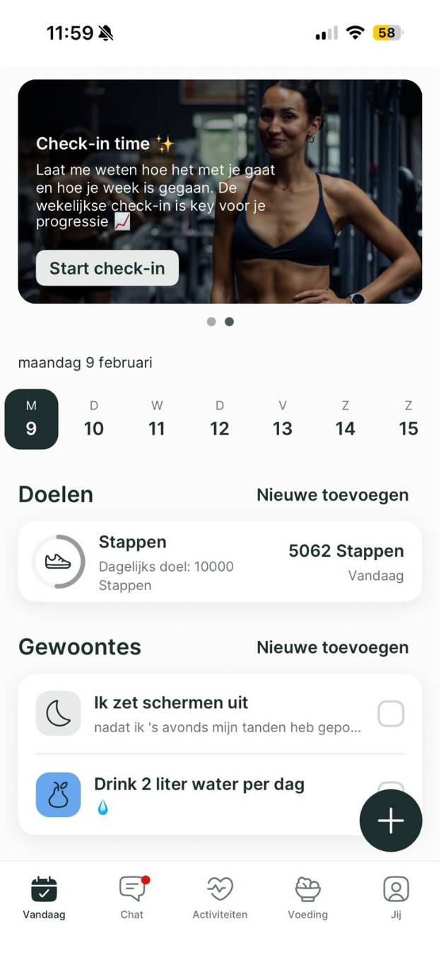 A mobile fitness app dashboard showing a weekly check-in prompt, step count progress, and daily habit tracking.