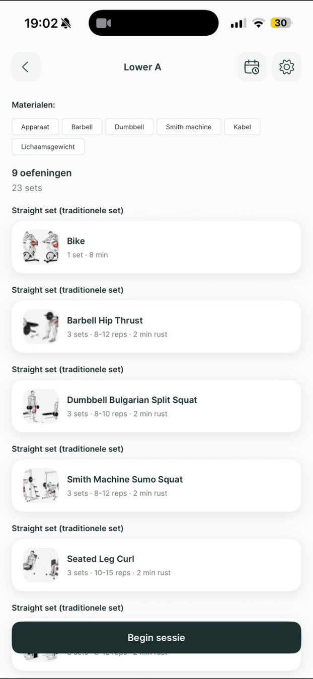A mobile app screen displaying a Lower A workout routine with a list of nine exercises and their set details.