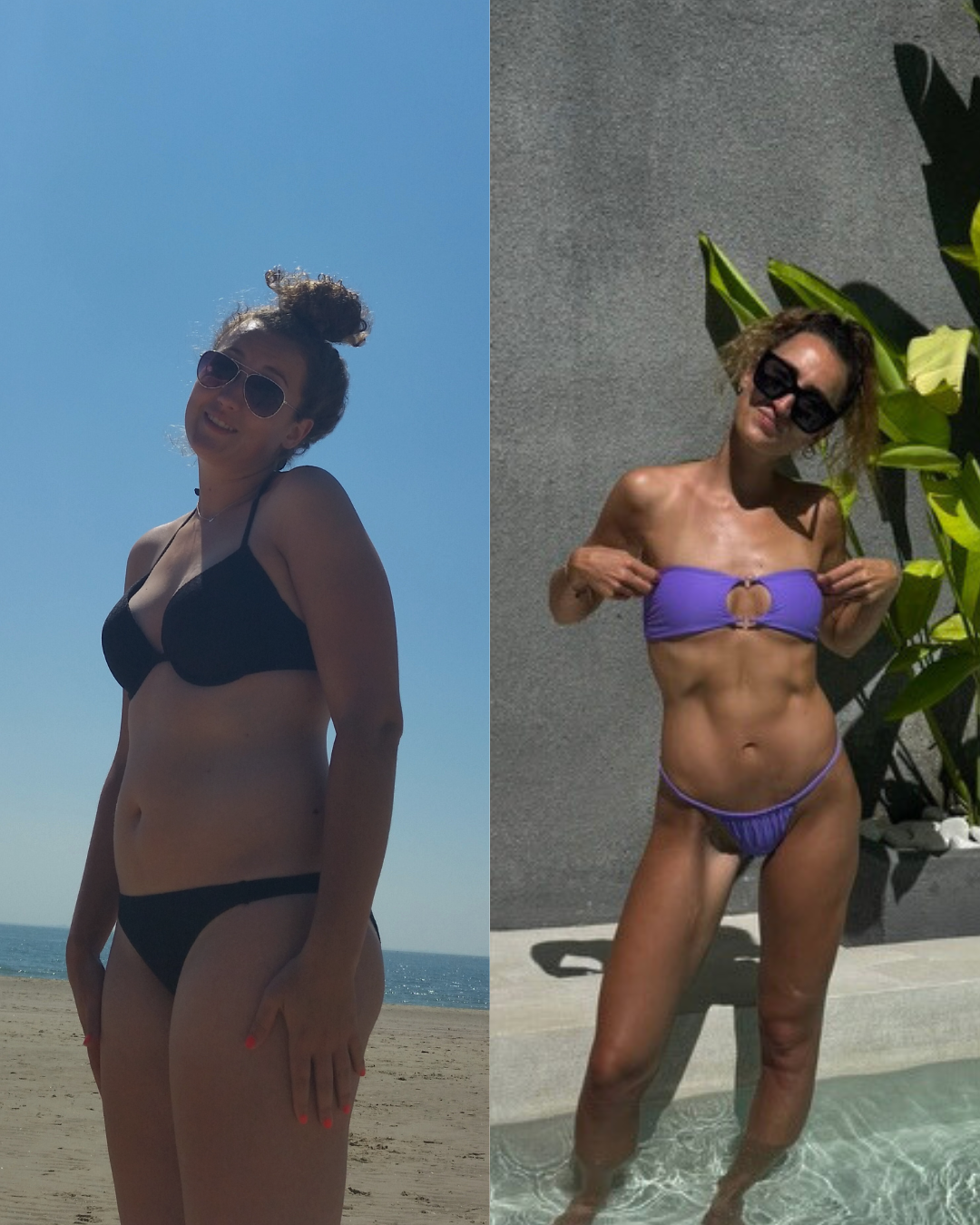 A side-by-side comparison showing a woman's fitness transformation while wearing bikinis.