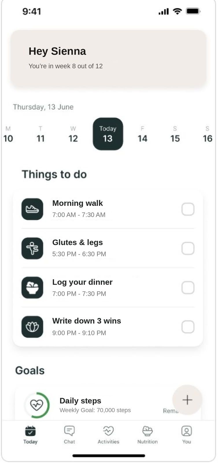 A mobile fitness app dashboard showing a daily schedule of tasks including a morning walk, glutes and legs workout, and
