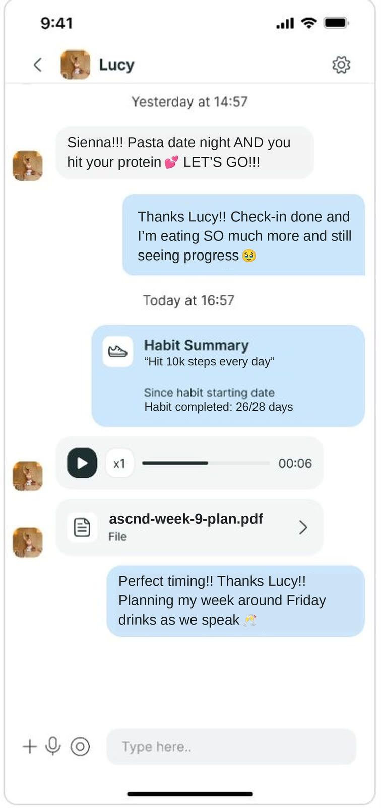 A mobile messaging interface showing a supportive conversation between a coach and a client about nutrition and habits.