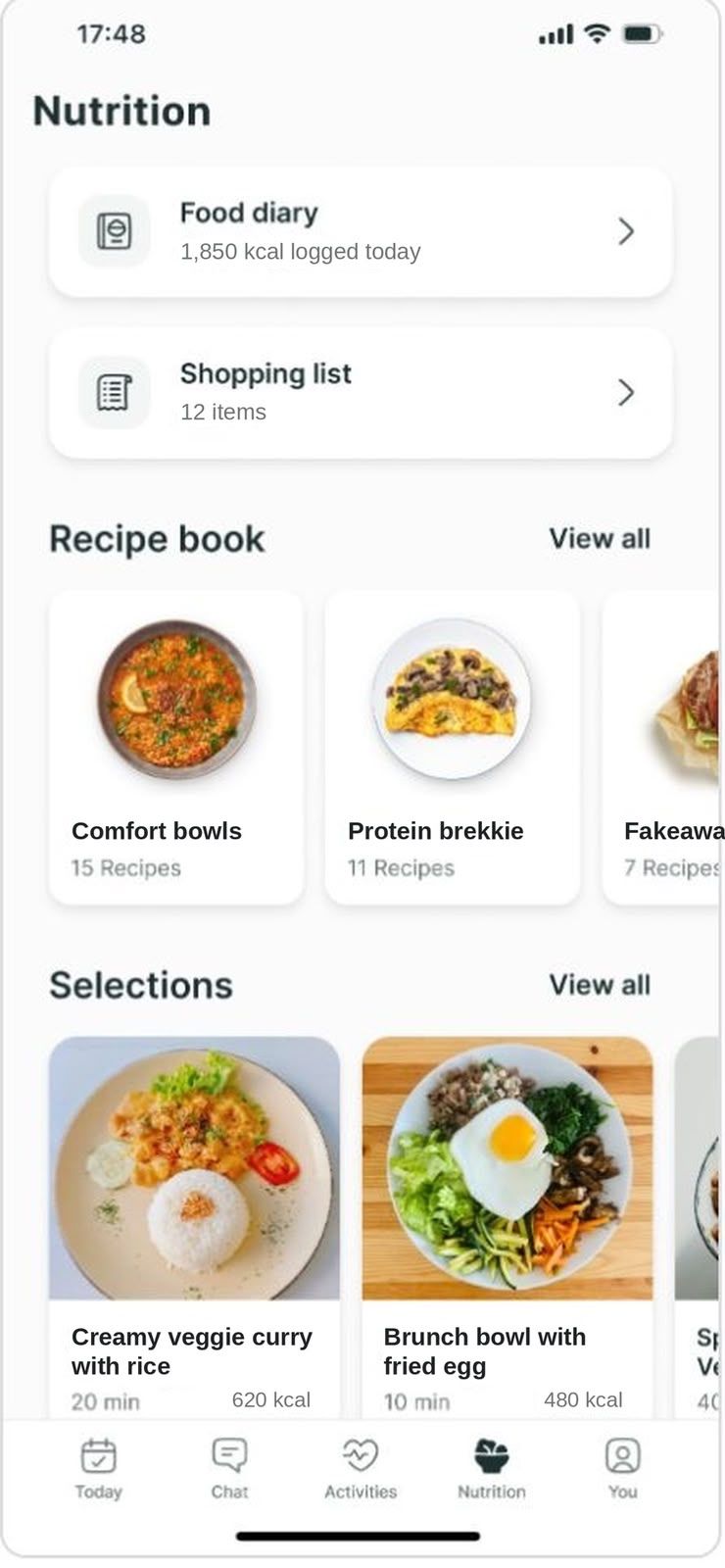 A mobile app nutrition screen displaying a food diary, shopping list, recipe categories, and meal selections.