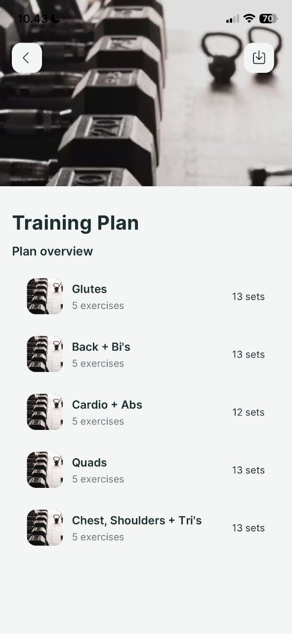A mobile app screen displaying a list of fitness training plans categorized by muscle groups and exercise counts.