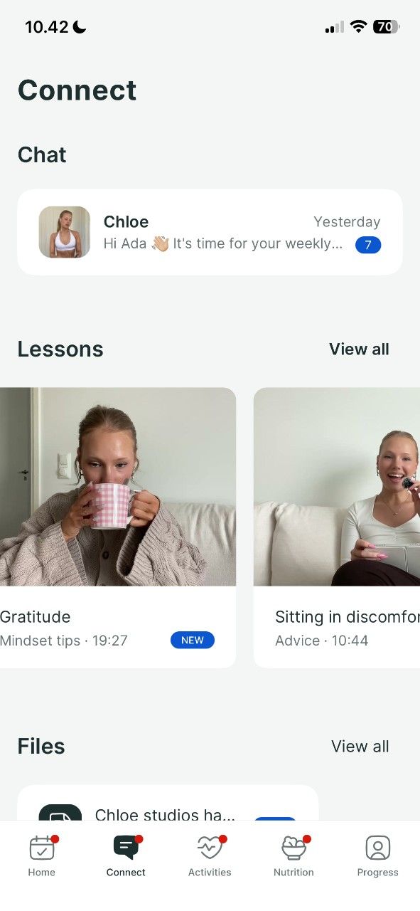 A mobile app interface showing a connect screen with chat messages, lesson video thumbnails, and a bottom navigation bar.
