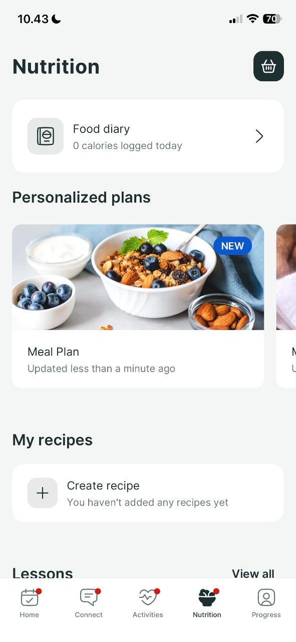 A mobile app nutrition screen showing a food diary, a new meal plan with granola and berries, and a recipe creation tool.