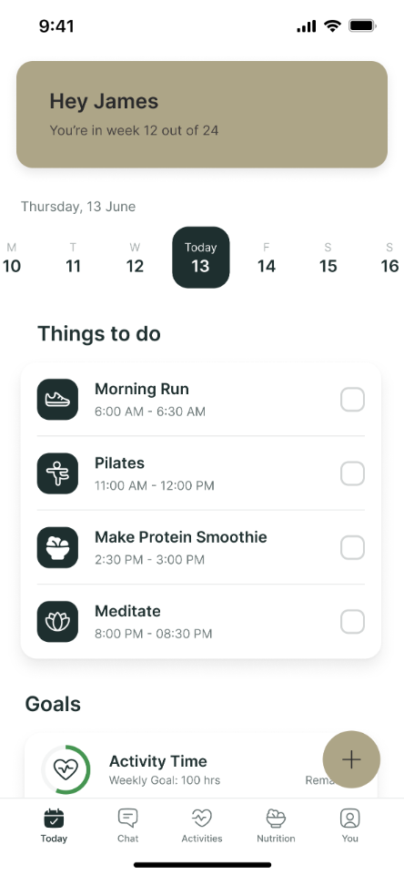 A mobile fitness app dashboard showing a daily schedule of tasks including a run, pilates, a smoothie, and meditation.