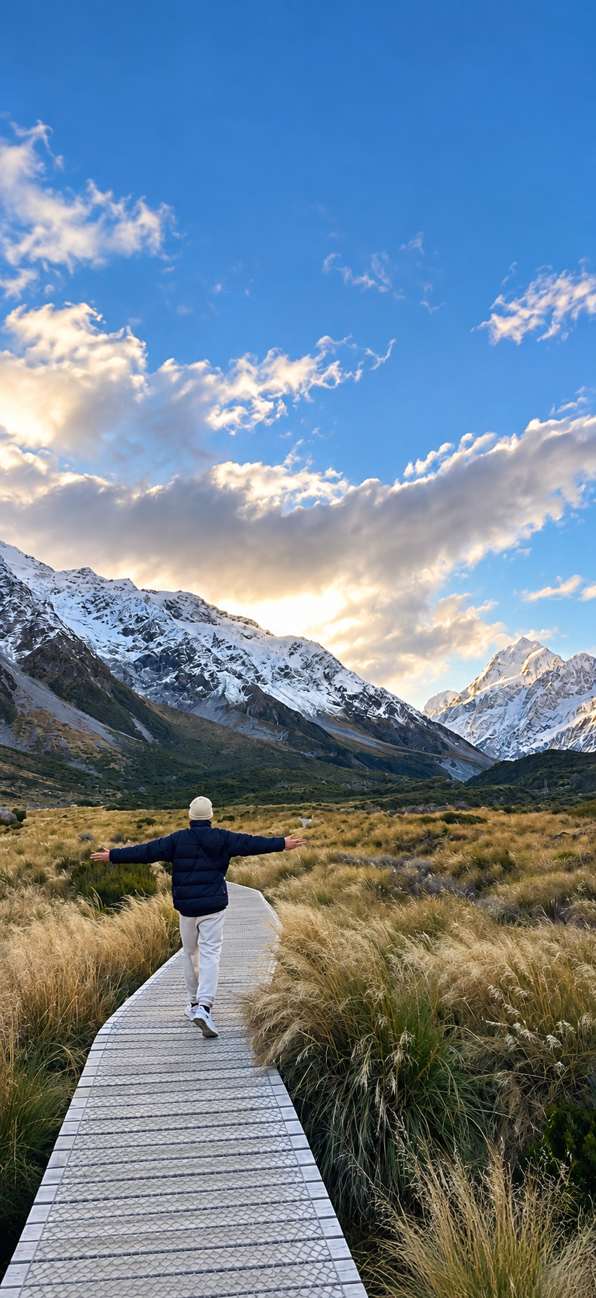 A person walks along a wooden boardwalk in a grassy valley with arms outstretched toward snow-capped mountains.