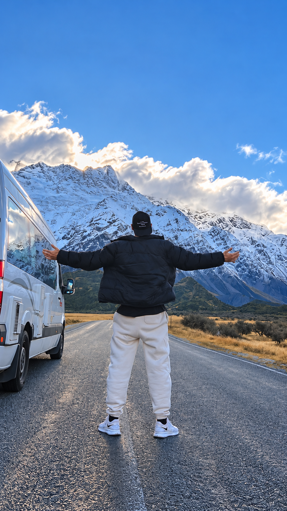 A person stands on a road with arms outstretched, facing snow-capped mountains next to a camper van.