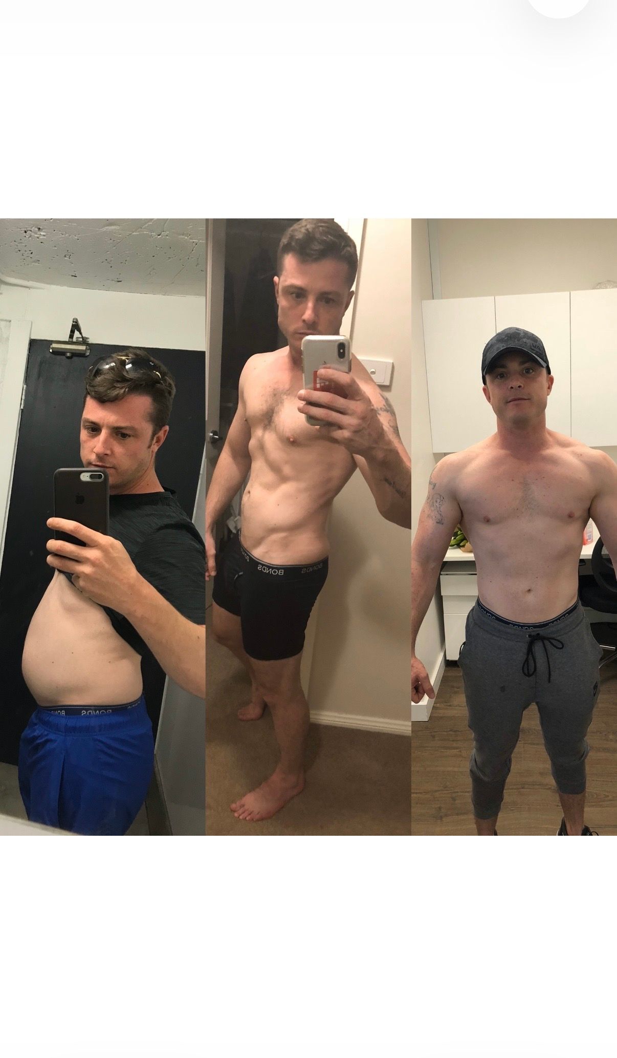 A man shows his physical transformation in a three-part progress comparison.