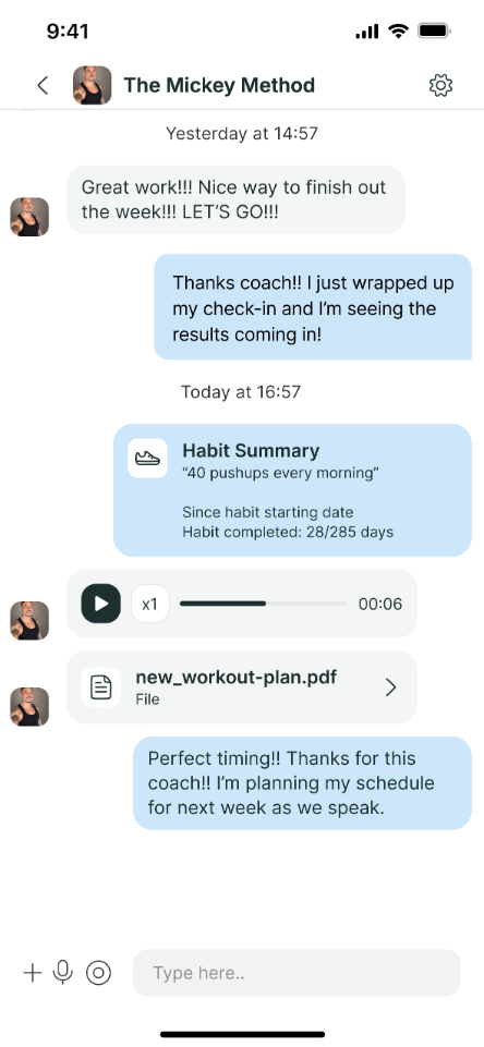 A mobile messaging interface showing a conversation between a coach and a client about workout plans and habit tracking.