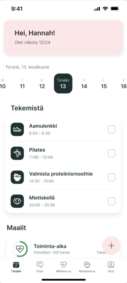 A mobile app interface showing a daily fitness schedule with tasks like morning run, pilates, and meditation.