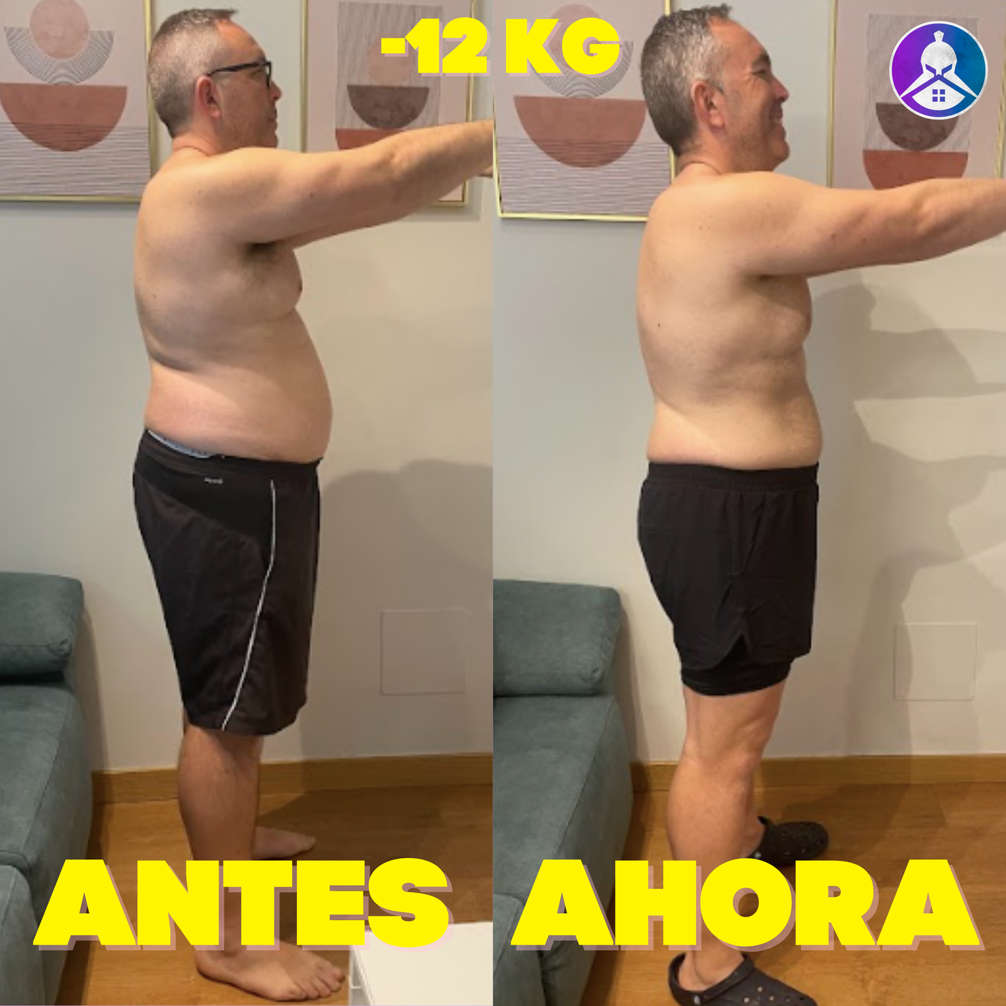 Side-by-side comparison of a man showing a twelve kilogram weight loss transformation.