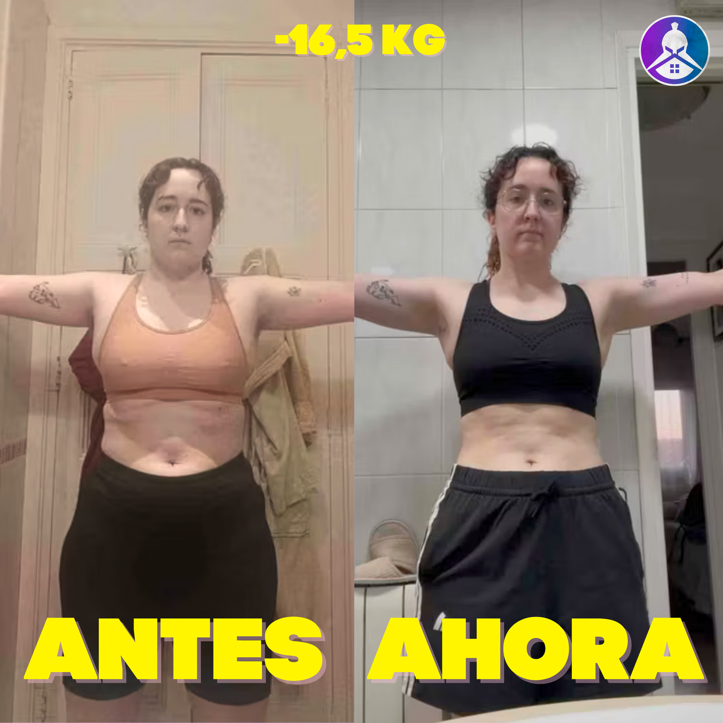A side-by-side comparison showing a person's weight loss progress of 16.5 kilograms.