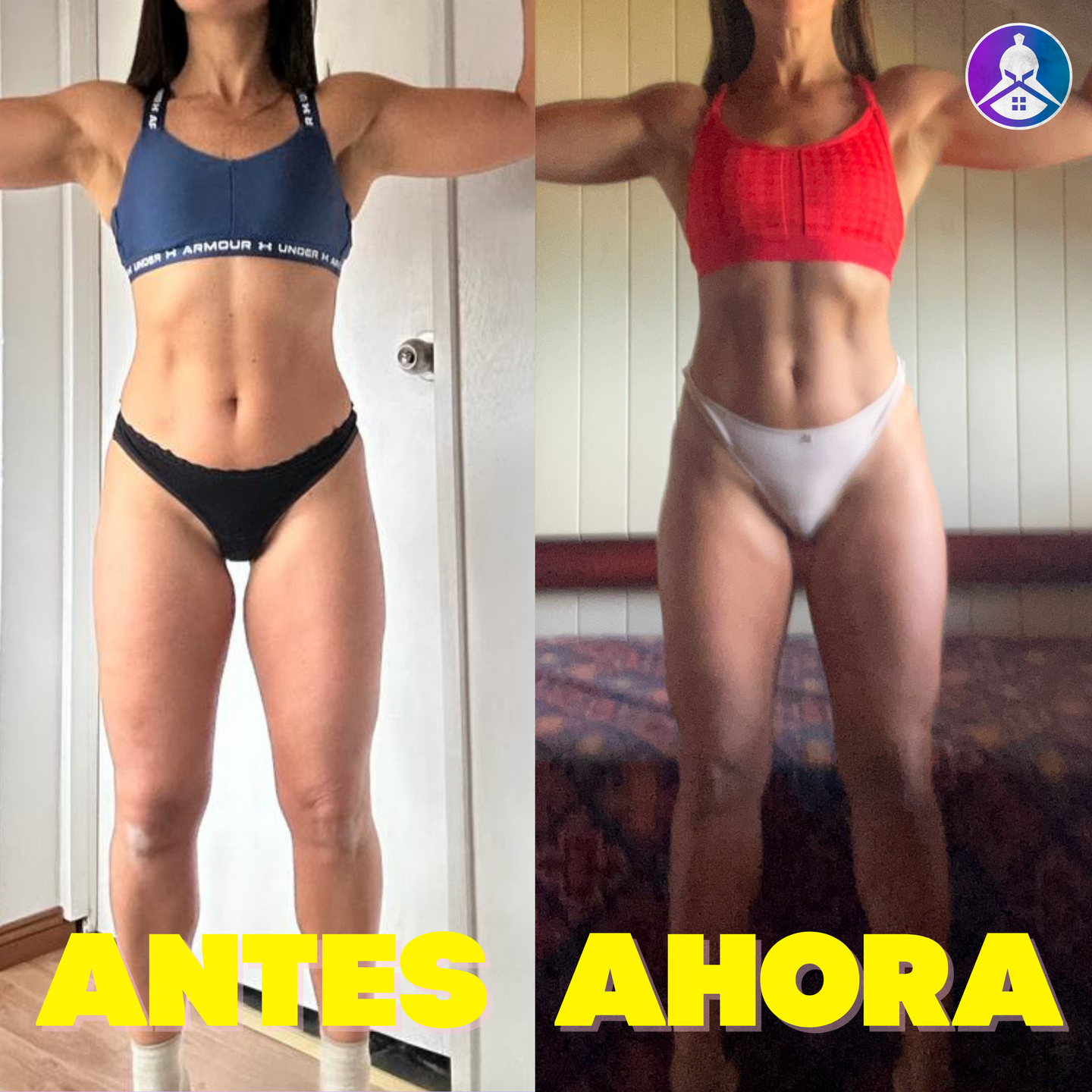A side-by-side comparison of a woman's physique showing progress before and after fitness training.
