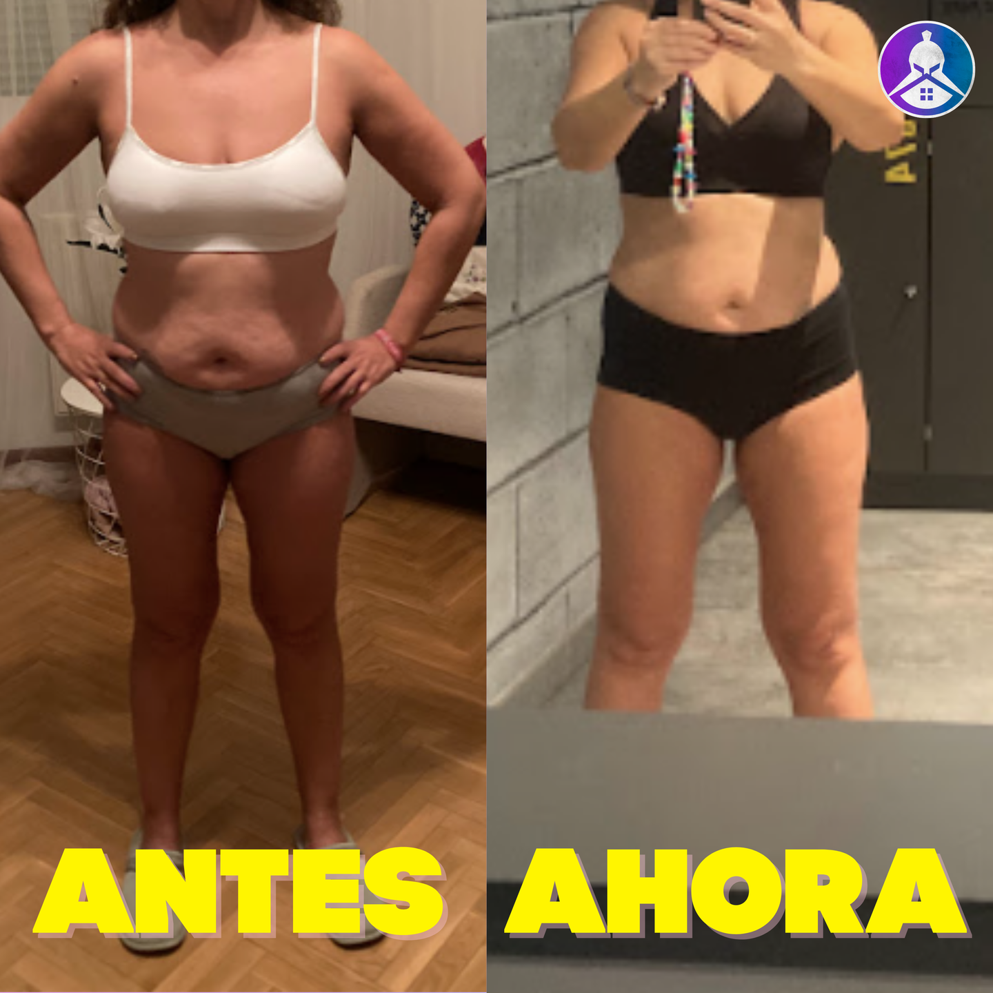 Side-by-side comparison of a person's body before and after a fitness transformation.