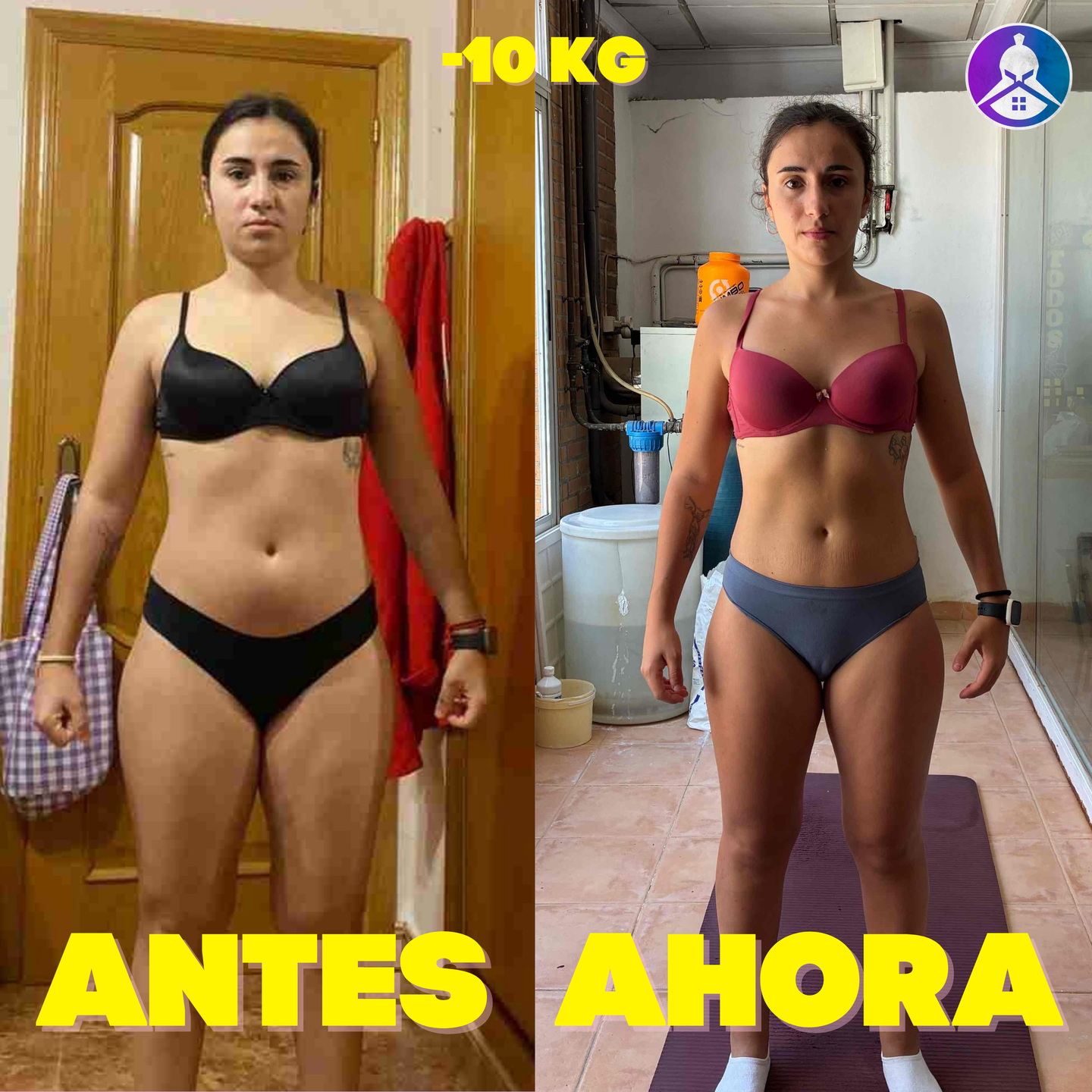 A side-by-side comparison showing a woman's body transformation with a 10 kilogram weight loss.