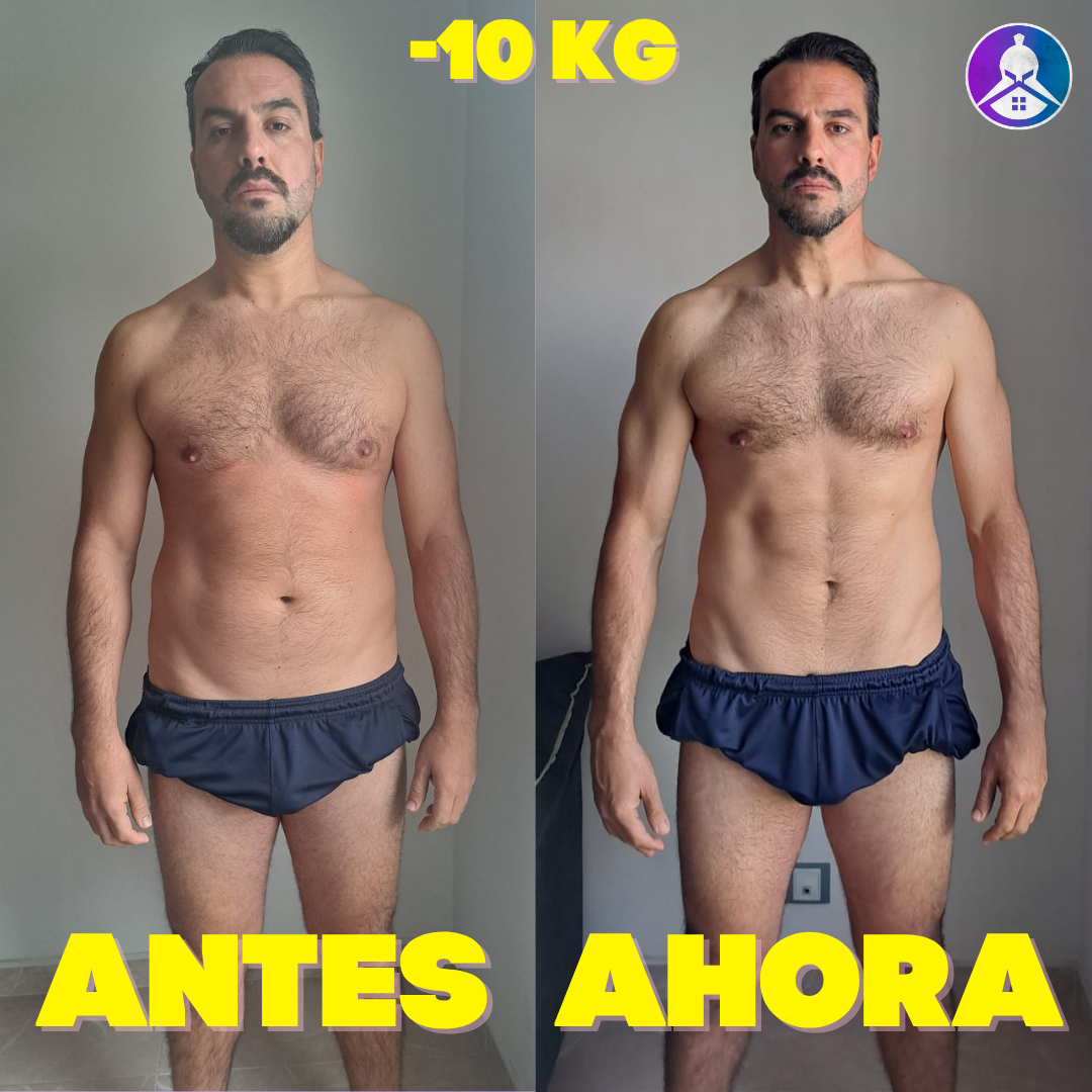 A man showing a ten kilogram weight loss transformation in a side-by-side before and after comparison.