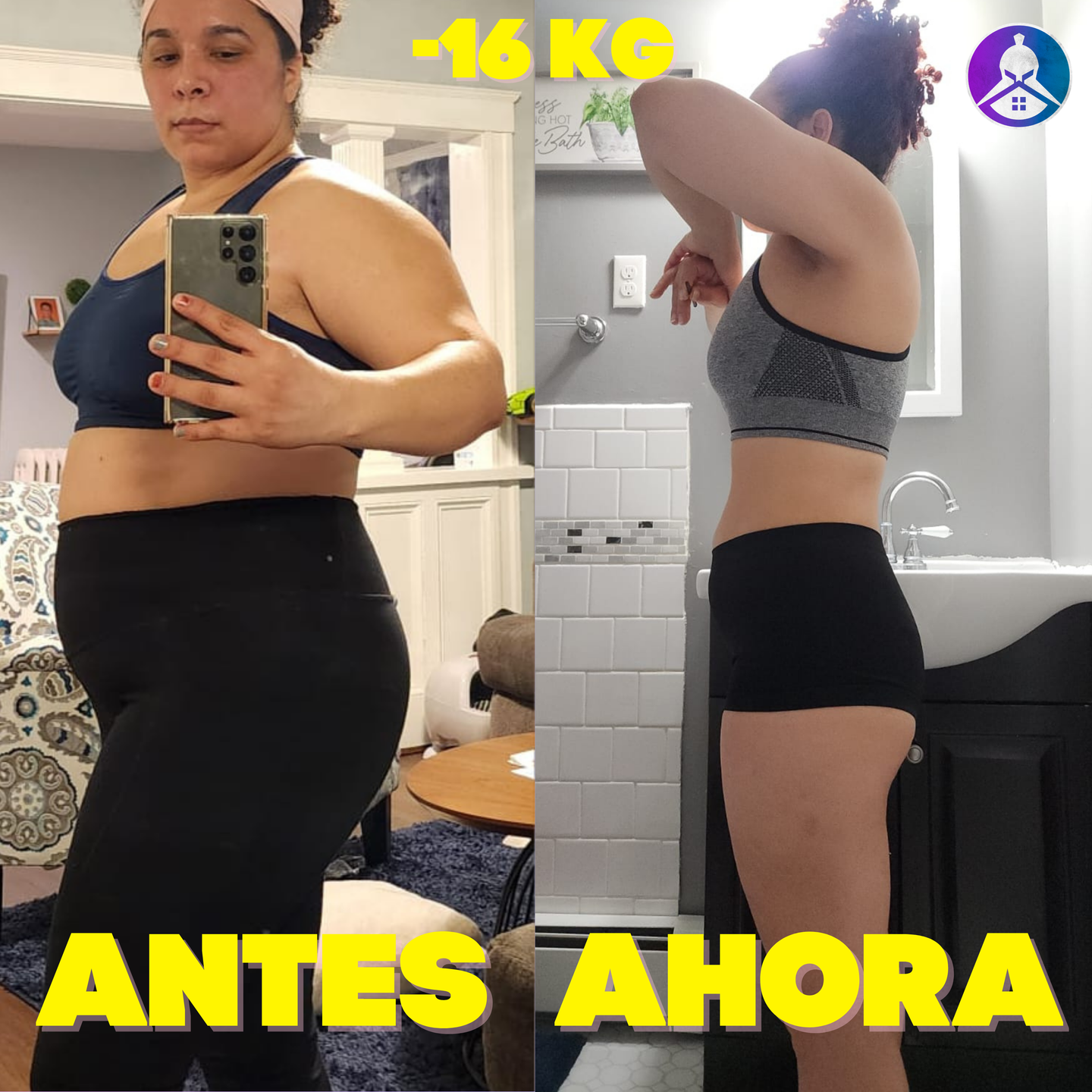 A side-by-side comparison showing a woman's weight loss progress of 16 kilograms.