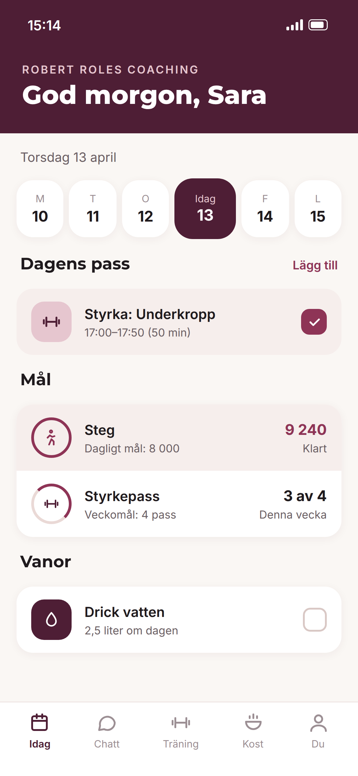 A mobile app dashboard showing a user's daily fitness schedule, step count progress, workout goals, and hydration habit.