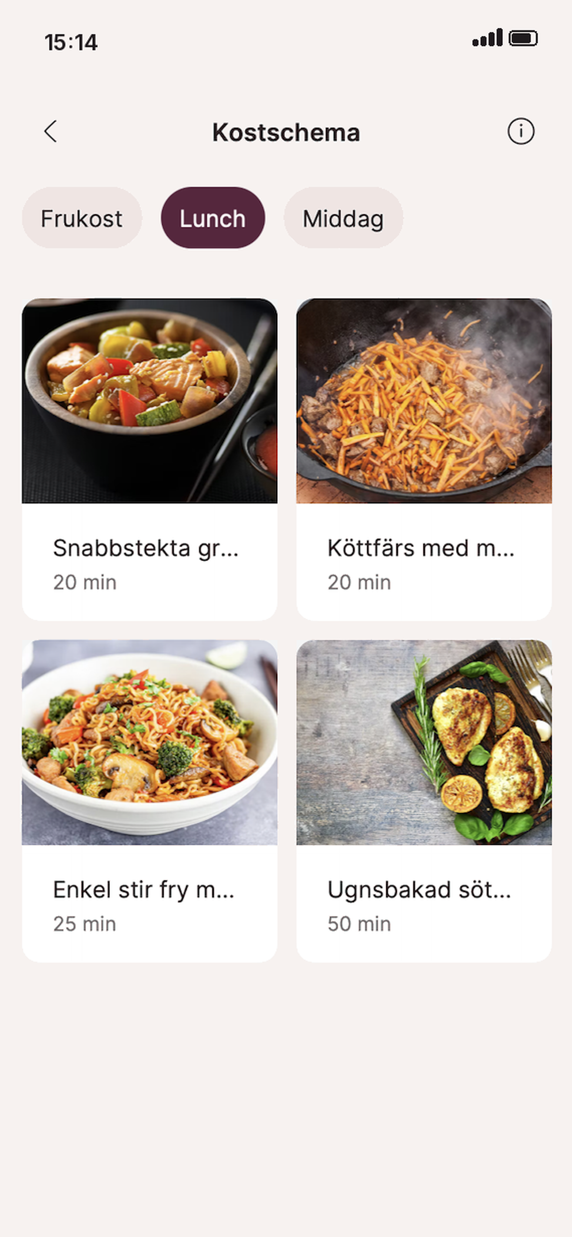 A mobile app interface displaying a meal plan menu with four different lunch recipe options.