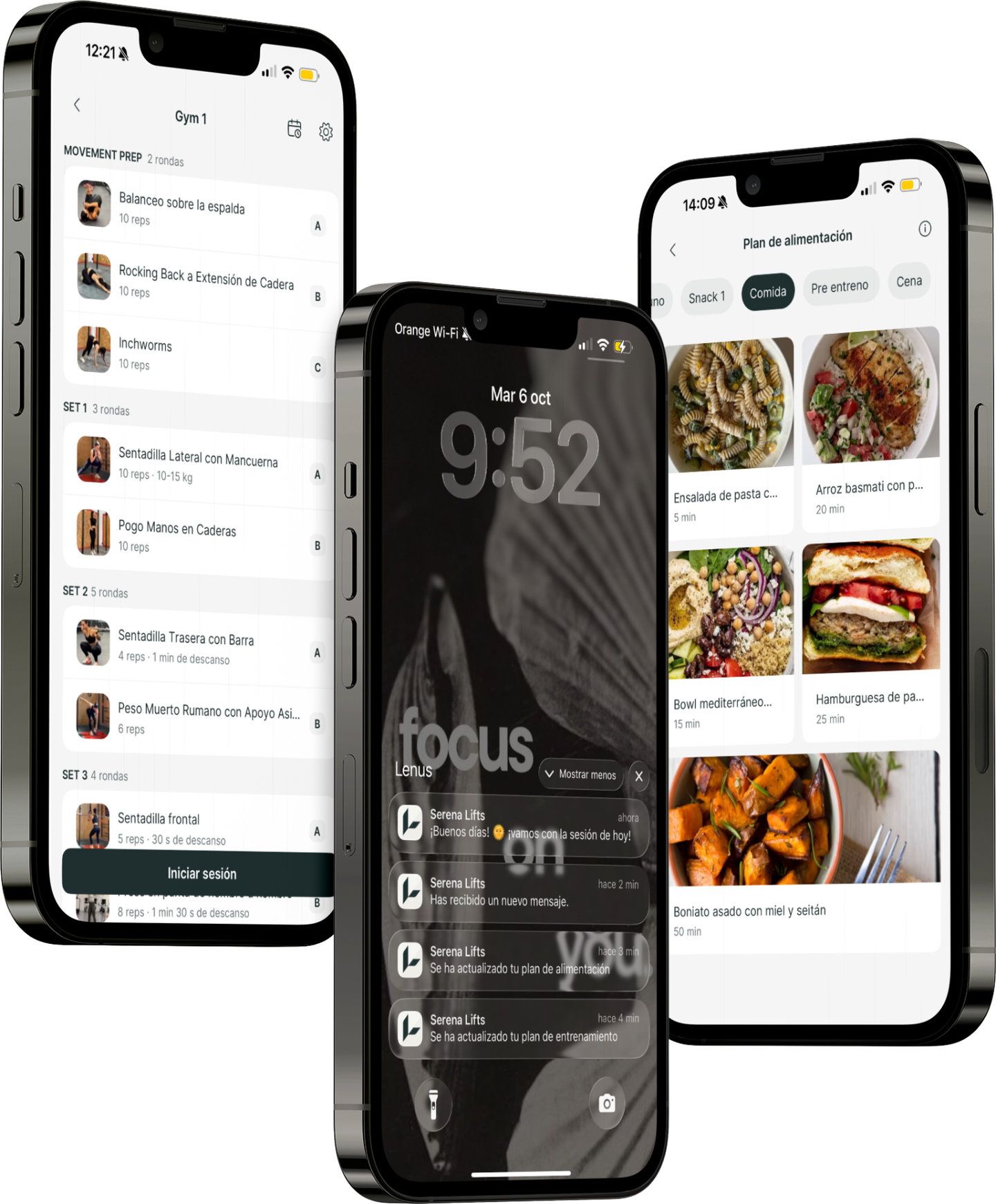 Three smartphones displaying a fitness app interface showing workout routines, meal plans, and lock screen notifications.