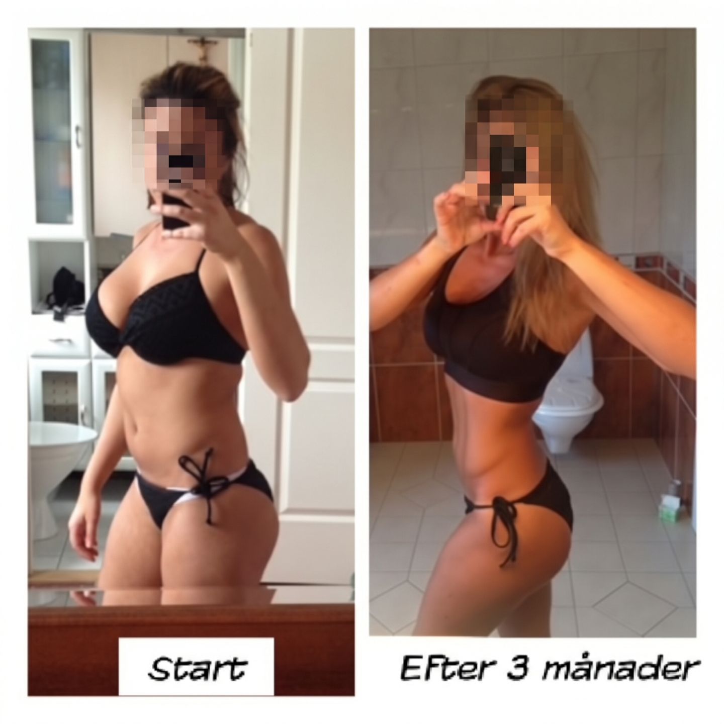 A side-by-side comparison of a woman's body before and after three months of fitness training.
