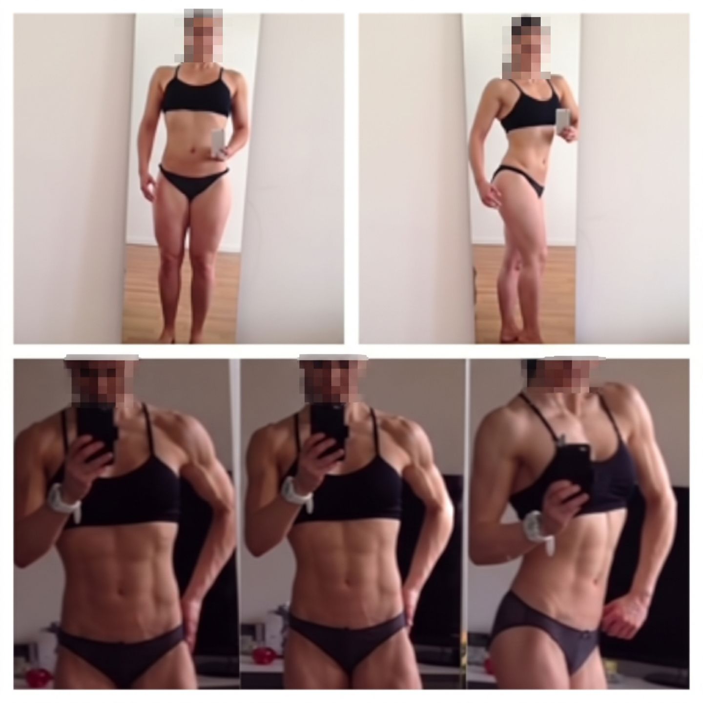 A collage of five photos showing a fit woman in athletic wear posing to display her muscle definition and physique.