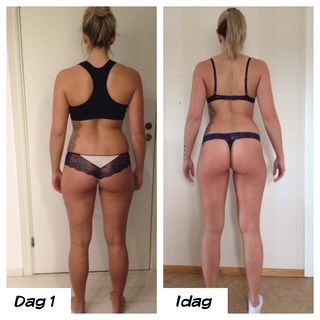 A side-by-side comparison showing a woman's back view on day one and after a period of fitness training.