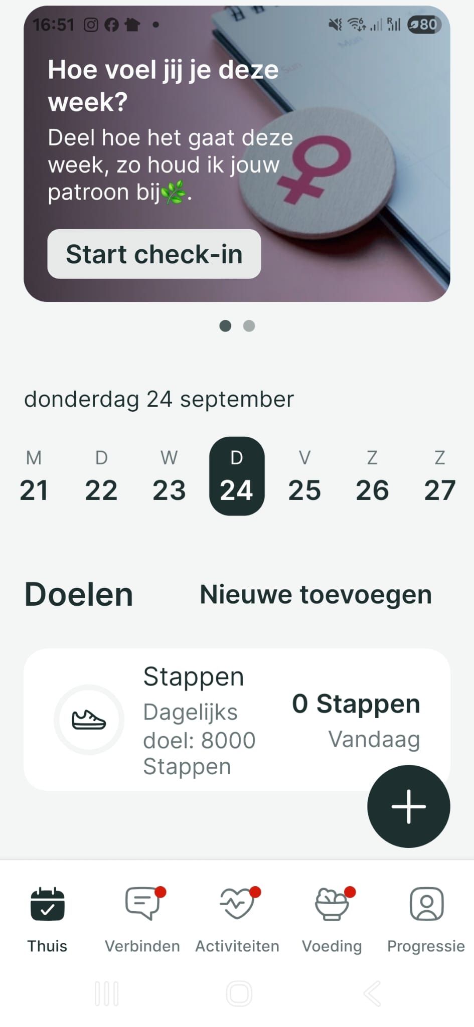 A mobile fitness app dashboard showing a weekly check-in prompt, a calendar view, and a daily step goal tracker.