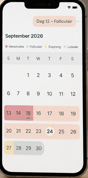 A smartphone screen displaying a menstrual cycle tracking calendar for September 2026.