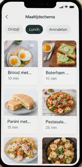 A smartphone screen displaying a meal plan app interface with various lunch options and their preparation times.