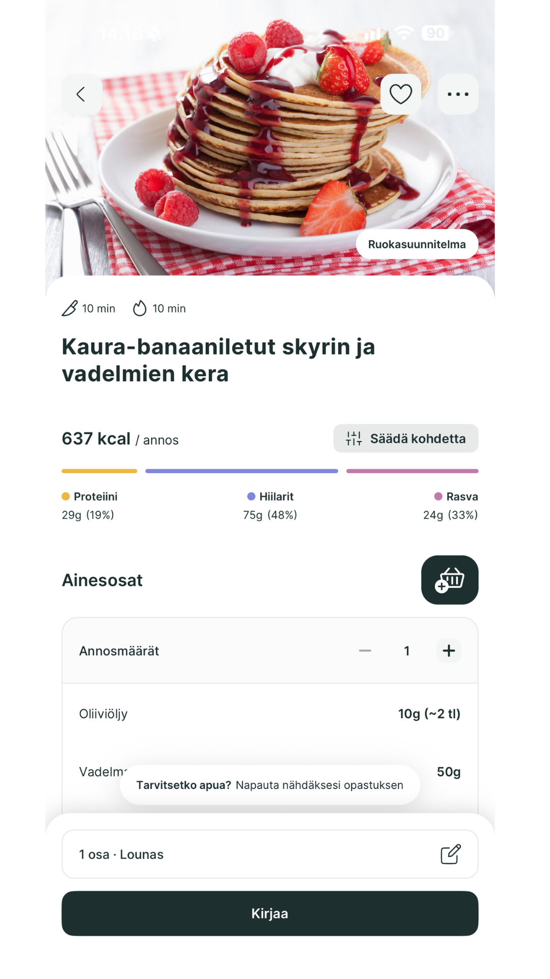 A stack of oat and banana pancakes topped with berries and cream on a plate, displayed in a mobile meal planning app.